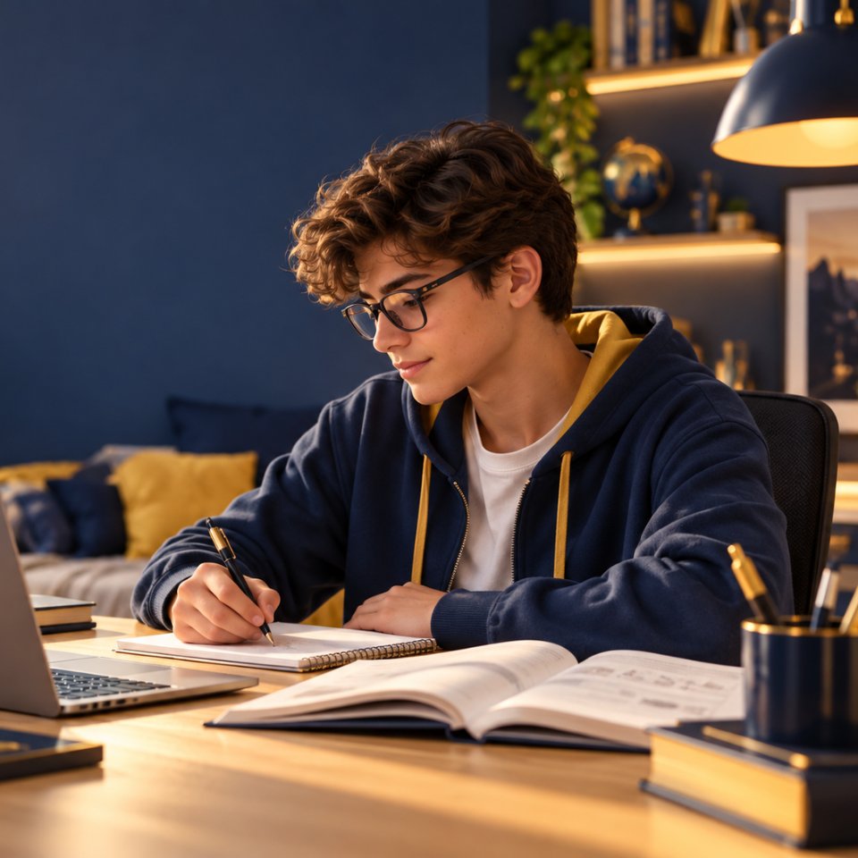 Adolescente sorrindo enquanto estuda na escrivaninha, com caderno, livro aberto e notebook