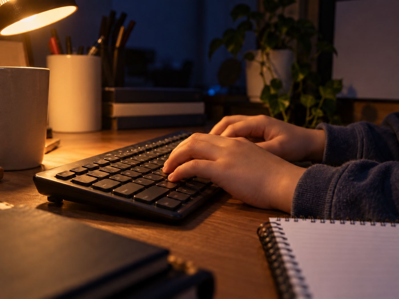 Mãos digitando no teclado, sem rosto visível, representando o uso sem monitoramento de conteúdo