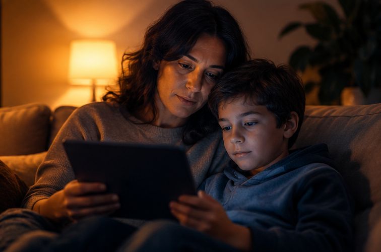 Mãe e filho olhando juntos um tablet no sofá, revisando o relatório de uso