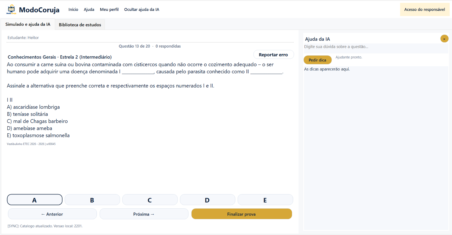 Tela de bloqueio do ModoCoruja mostrando um simulado de Conhecimentos Gerais com cinco alternativas e o painel de Ajuda da IA ao lado.
